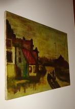 Expressionistisch Schilderijtje Huizen, riviertje Man en kin, Antiek en Kunst, Kunst | Schilderijen | Klassiek, Ophalen of Verzenden
