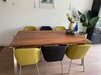 EETTAFEL NOTENHOUTEN BLAD/ RVS ONDERSTEL MET 6 STOELEN, Huis en Inrichting, Tafels | Eettafels, Gebruikt, 150 tot 200 cm, Eikenhout