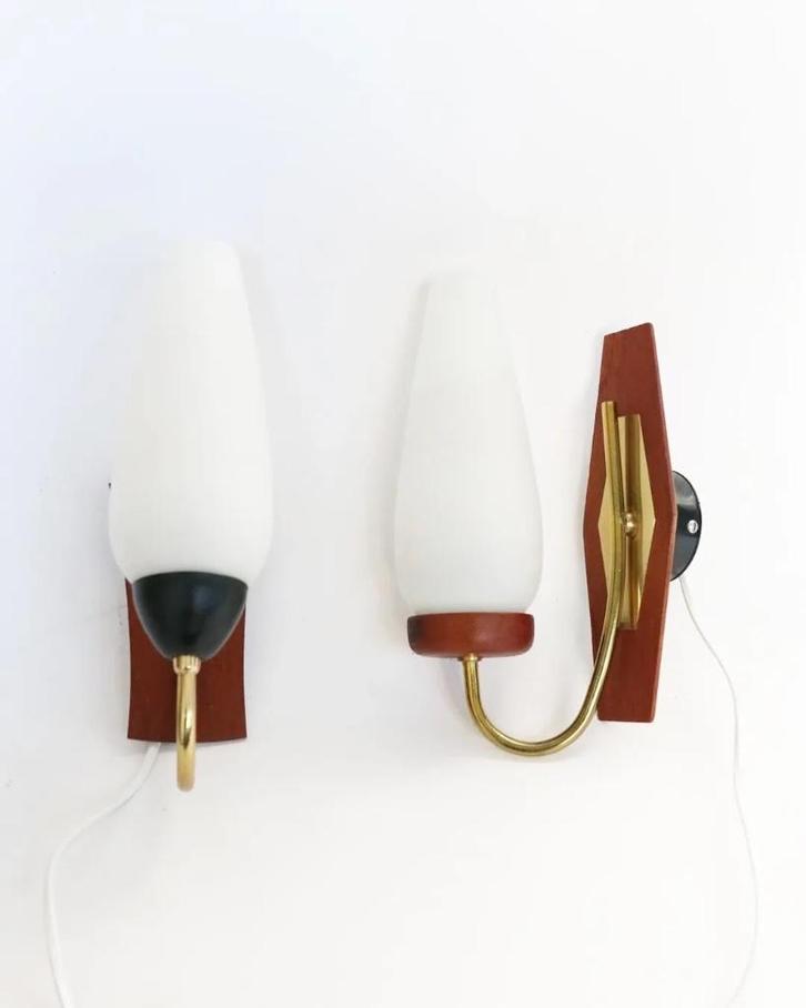 Vintage teak wandlampjes nachtlampje badkamerlamp messing, Huis en Inrichting, Lampen | Wandlampen, Zo goed als nieuw, Glas, Hout