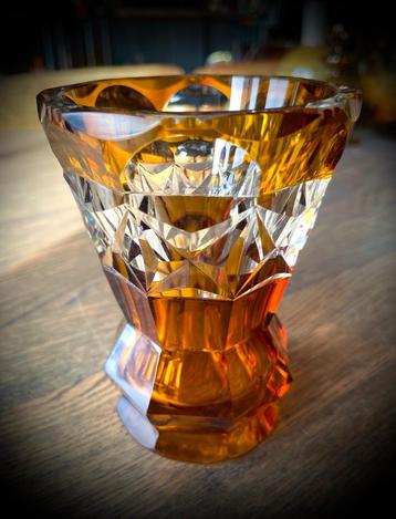 Vaas Art Deco kristal oker geel antiek vintage Bohemian glas