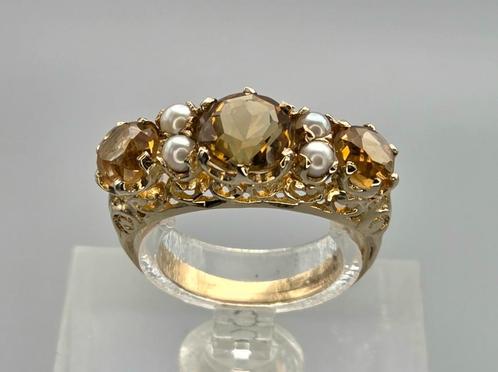 GoudenVintage ring met edelsteen citrien en parel. 2025/593., Sieraden, Tassen en Uiterlijk, Ringen, Zo goed als nieuw, Dame, Kleiner dan 17