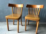 Set vintage retro houten cafestoelen | leren zitting | cool!, Twee, Hout, Bruin, Zo goed als nieuw