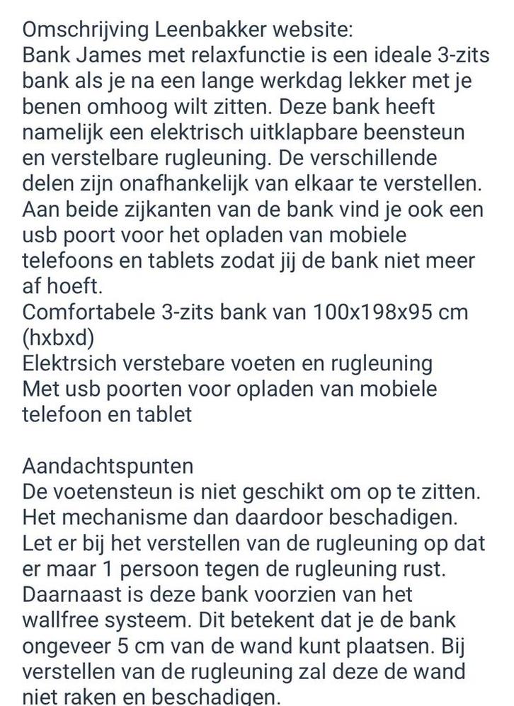 Relaxbank James van Leen Bakker - 3-zits, Huis en Inrichting, Banken | Bankstellen, Zo goed als nieuw, Rechte bank, Driepersoons