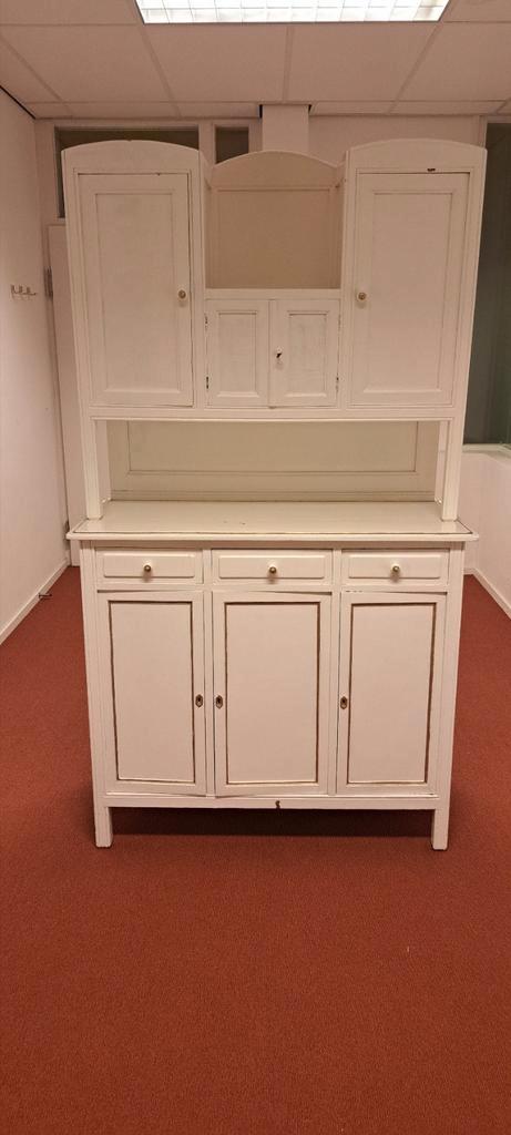 Antieke Witte landelijke buffetkast met bovenkast en lades, Huis en Inrichting, Kasten | Wandmeubels, Zo goed als nieuw, Minder dan 150 cm