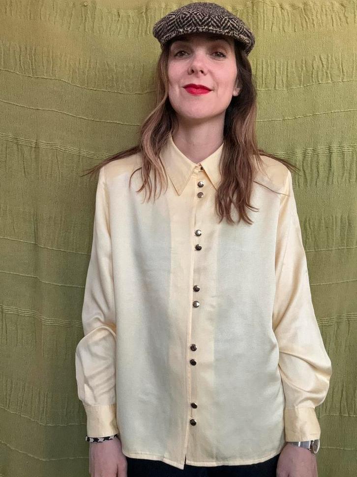 Vintage blouse / shirt - geel - knopen - jaren 90 - XL/42, Kleding | Dames, Blouses en Tunieken, Gedragen, Maat 42/44 (L), Geel