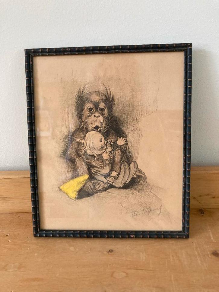 Oude tekening Theo Dijkwel in lijst G.C.T. van Dorp & Co. st, Antiek en Kunst, Kunst | Tekeningen en Foto's, Ophalen of Verzenden