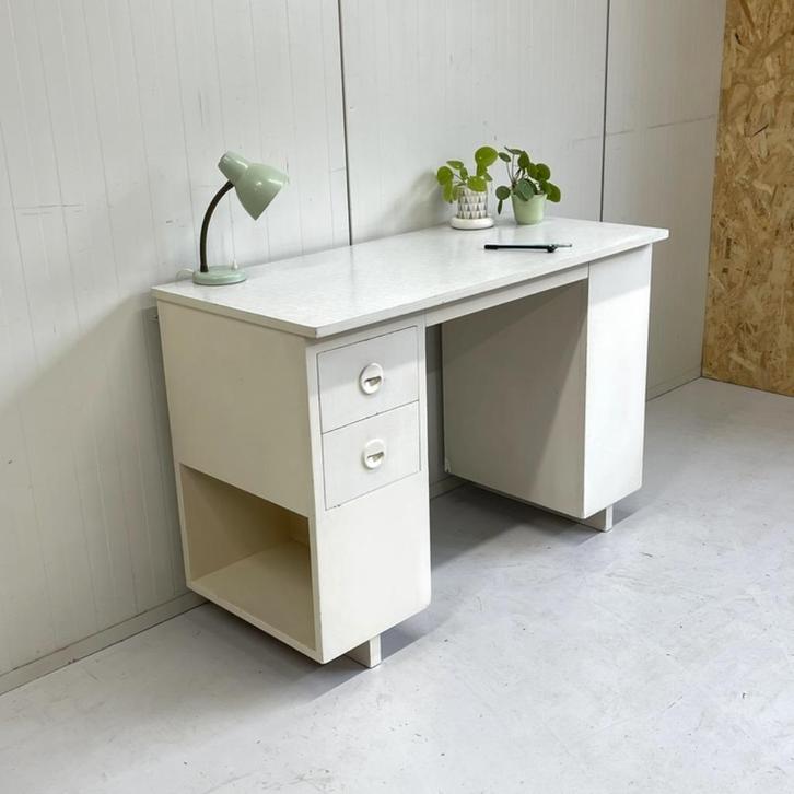 Vintage bureau werkplek buro met vakkenkastje & lades hout, Huis en Inrichting, Bureaus, Gebruikt, Bureau, Ophalen