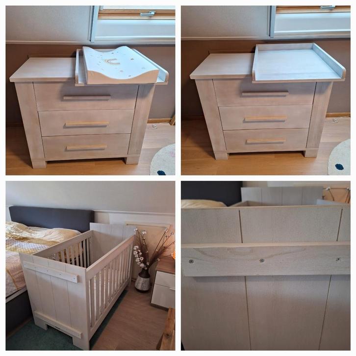 Bopita Ledikant en commode van massief hout white blue wash, Kinderen en Baby's, Kinderkamer | Complete kinderkamers, Zo goed als nieuw