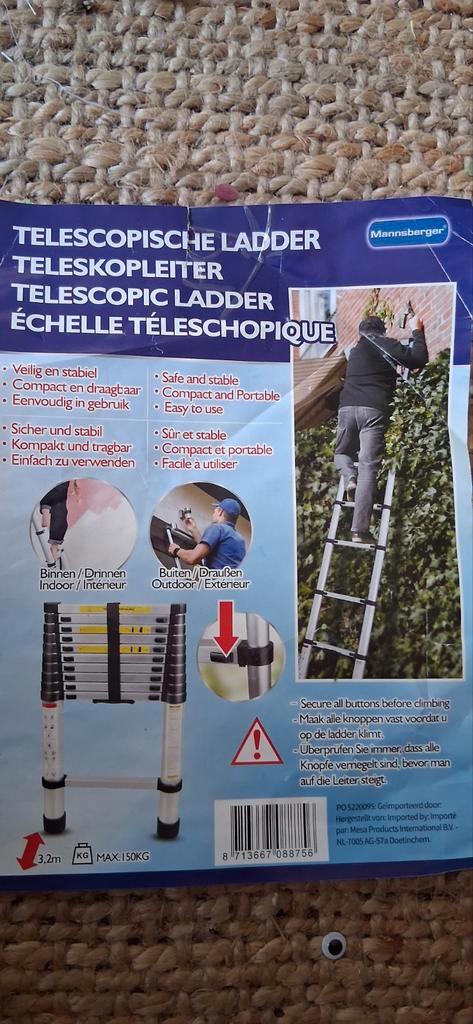 Mannsberger Telescopische Ladder 3.20m - Lichtgewicht, Doe-het-zelf en Verbouw, Ladders en Trappen, Ophalen of Verzenden
