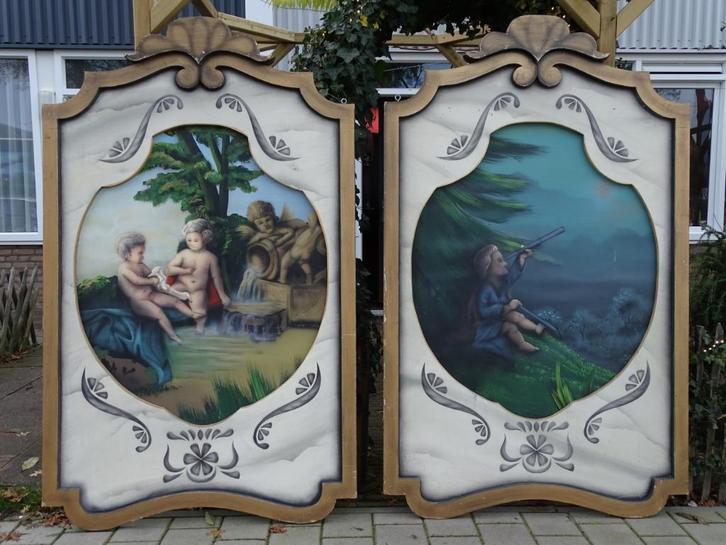 Houten handbeschilderde decorpanelen kermis, circus, theater, Antiek en Kunst, Curiosa en Brocante, Ophalen