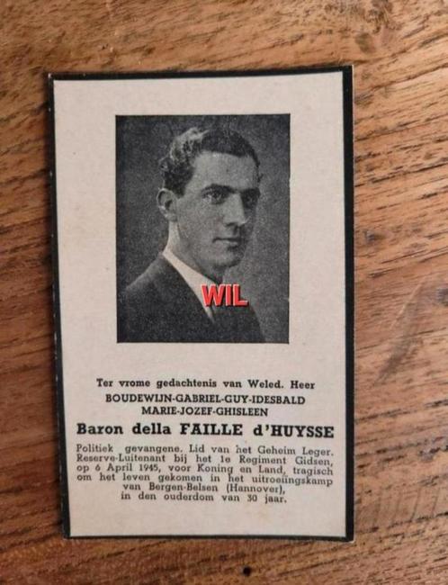 WW2 Bidprentje België Baron geheime leger - Bergen Belsen, Verzamelen, Bidprentjes en Rouwkaarten, Bidprentje, Ophalen of Verzenden