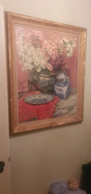 Groot schilderij bloemen vaas bord lijst.  beschikbaar voor biedingen