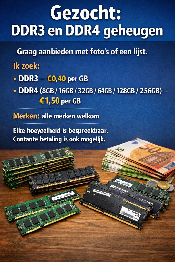 Gezocht: DDR3 & DDR4 Geheugen, Computers en Software, RAM geheugen, Ophalen, Gebruikt, DDR4, Desktop