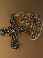 Grote Azteekse kettinghanger kruis + ketting, met edelsteen, Verzenden, Zo goed als nieuw, Zilver, Zilver
