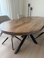 Eettafel deens ovaal mangohout met Metalen Onderstel, Ophalen, 100 tot 150 cm, Teakhout, Zo goed als nieuw