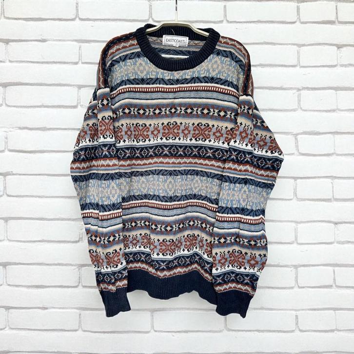 Vintage Trui Maat M Blauw Rood Wit Gebreid Noors, Kleding | Heren, Truien en Vesten, Zo goed als nieuw, Maat 48/50 (M), Blauw