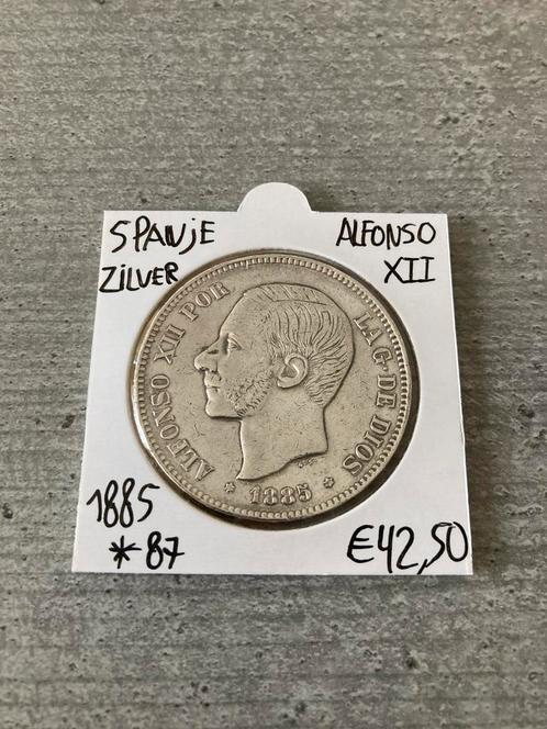 5 Pesetas 1885 *87 Zilver Alfonso XII Spanje, Postzegels en Munten, Munten | Europa | Niet-Euromunten, Losse munt, Overige landen