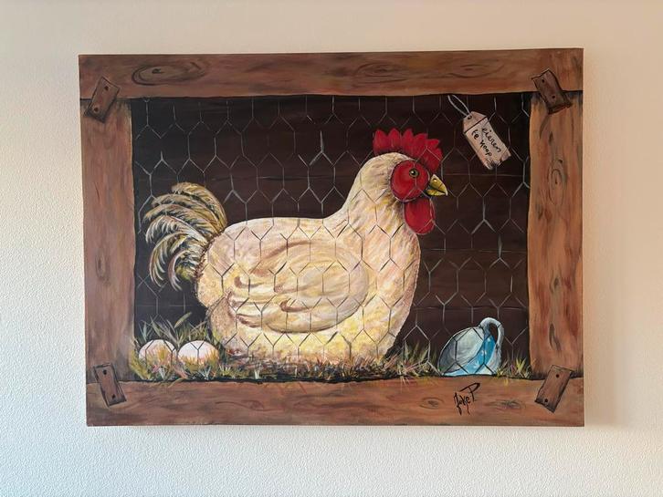 Acryl Schilderij - Kip in Hok, Antiek en Kunst, Kunst | Schilderijen | Klassiek, Ophalen