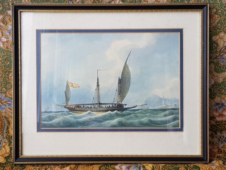 Mooie antieke ingelijste Engelse prent met historisch schip., Antiek en Kunst, Kunst | Litho's en Zeefdrukken, Ophalen of Verzenden