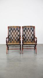 2 x Groene vintage rundleren Engelse chesterfield fauteuil, Ophalen, Gebruikt, ., Vintage