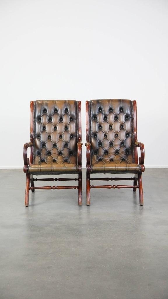 2 x Groene vintage rundleren Engelse chesterfield fauteuil, Huis en Inrichting, Fauteuils, Gebruikt, Hout, Leer, 50 tot 75 cm