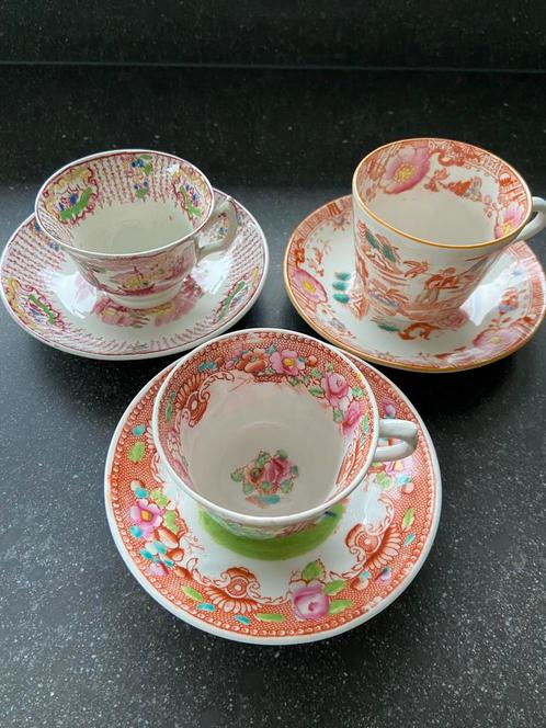 3 kleurrijke antieke kop en schotels echte oudjes Regout, Antiek en Kunst, Antiek | Servies los, Ophalen of Verzenden