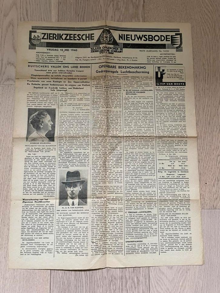 Zierikzeesche Nieuwsbode 10 mei 1940 - Historische Krant, Verzamelen, Tijdschriften, Kranten en Knipsels, Krant, 1940 tot 1960