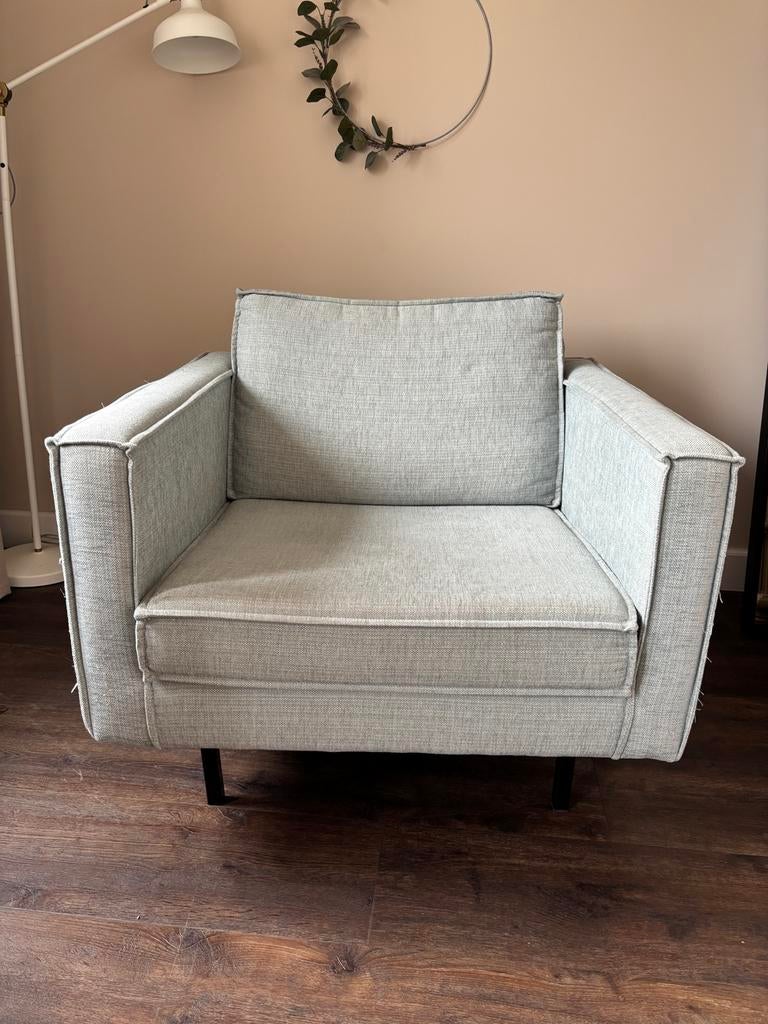 Mintgroene fauteuil met Zwarte Pootjes, Ophalen, Gebruikt, Stof, 75 tot 100 cm