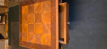 Vintage salontafel + bijzettafel met parquetblad – los of al beschikbaar voor biedingen