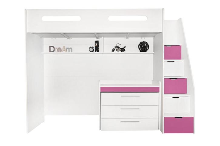 Options hoogslaper met bureau en ladekast - 90x200 - Wit/roz, Huis en Inrichting, Slaapkamer | Stapelbedden en Hoogslapers