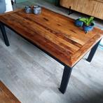 Zware massief teakhouten salontafel met metalen poten, Ophalen, Minder dan 50 cm, 100 tot 150 cm, Zo goed als nieuw