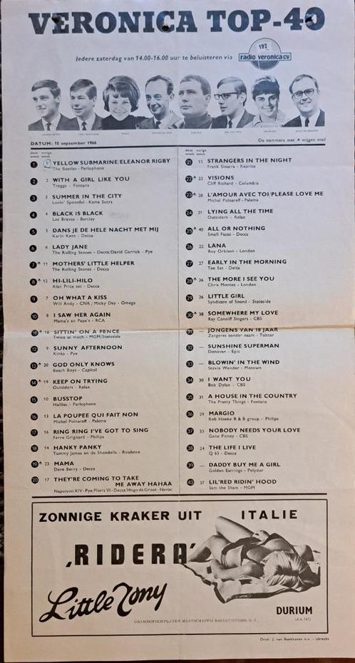 Veronica Top 40 - 10 Sept 1966, Verzamelen, Tijdschriften, Kranten en Knipsels, Krant, Nederland, 1960 tot 1980, Ophalen of Verzenden