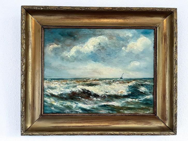 Schilderij zee met vissersbootje door Gijsbert Martens, Antiek en Kunst, Kunst | Schilderijen | Klassiek, Ophalen of Verzenden