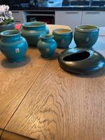 Antieke Keramiek Set - 6 Stuks Groen Aardewerk Vazen Schaal, Ophalen of Verzenden