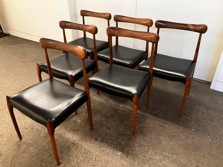 Set (6) Vintage Palissander stoelen Lederen zitting, Huis en Inrichting, Stoelen, Gebruikt, Vijf, Zes of meer stoelen, Hout, Leer