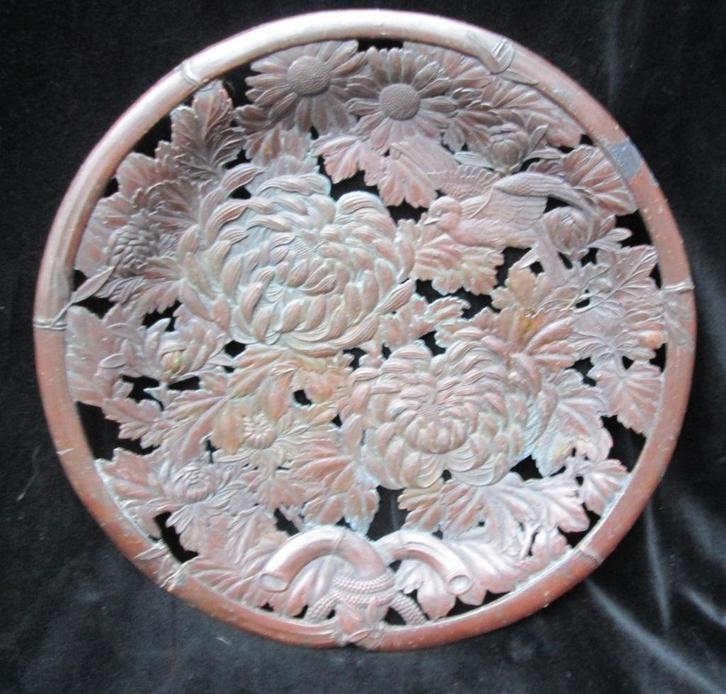 Antieke Oosterse Schaal met Chrysanten en Vogel 31 cm, Antiek en Kunst, Antiek | Schalen, Ophalen of Verzenden