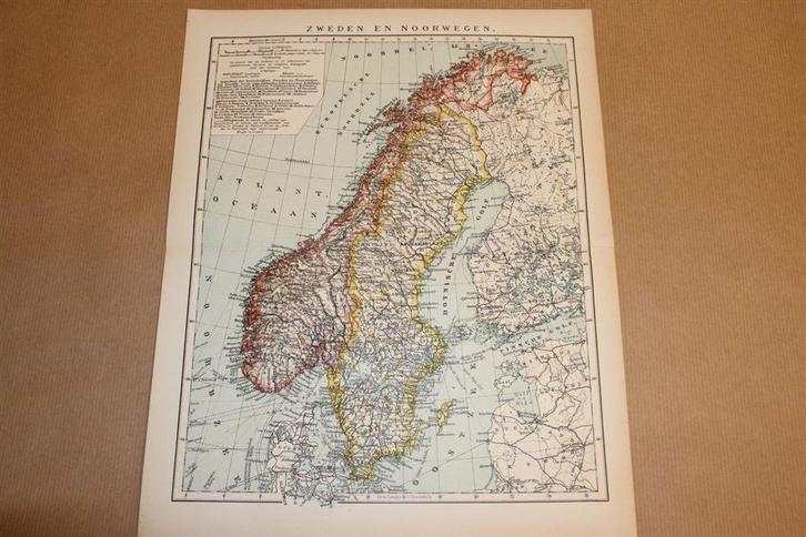 Antieke kaart - Zweden en Noorwegen - Circa 1900, Boeken, Atlassen en Landkaarten, Gelezen, Landkaart, 1800 tot 2000, Ophalen of Verzenden