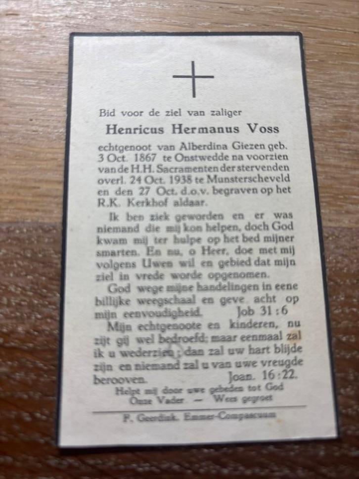 Voss Henricus 1867 Onstwedde 1938 Munsterscheveld x Giezen, Verzamelen, Bidprentjes en Rouwkaarten, Bidprentje, Ophalen of Verzenden