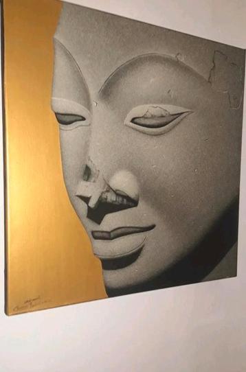 Bladgoud handgeschilderd Boedha kunstwerk 1.10 bij 1.10 m beschikbaar voor biedingen
