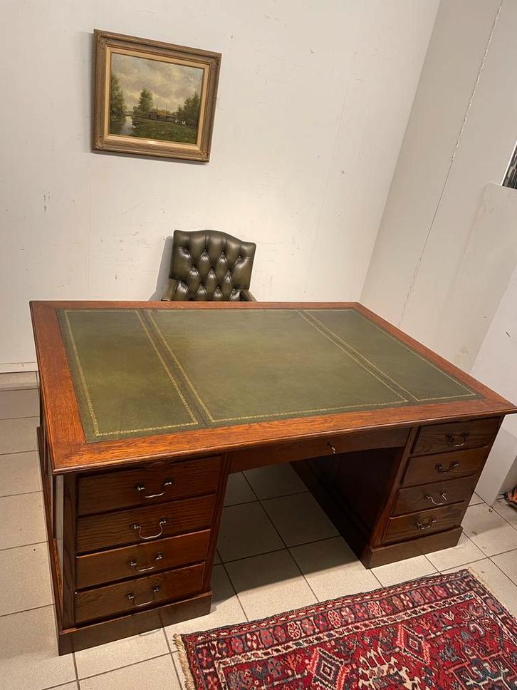 Antiek engels partnerdesk met leren inlegwerk en gouden bies, Antiek en Kunst, Antiek | Kantoor en Zakelijk, Ophalen of Verzenden