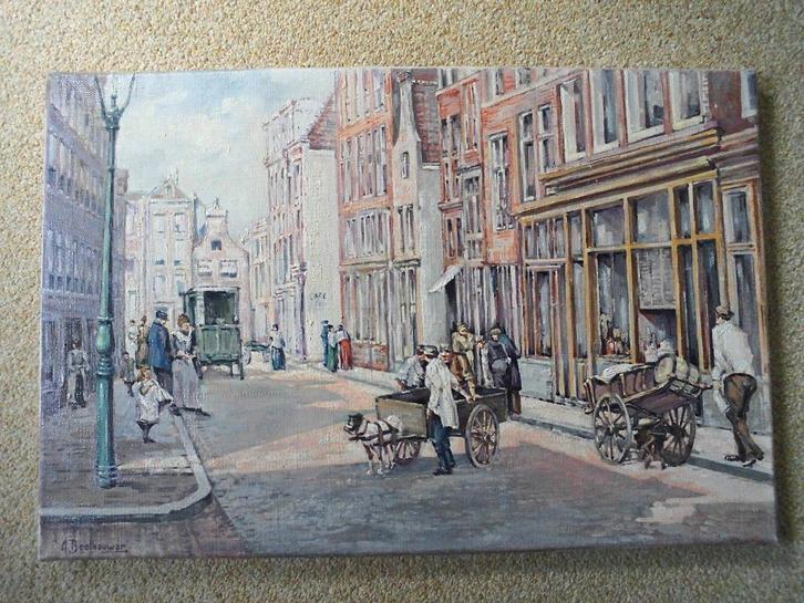 Olieverfschilderij  "Nostalgisch Straatgezicht", Antiek en Kunst, Kunst | Schilderijen | Klassiek, Ophalen of Verzenden