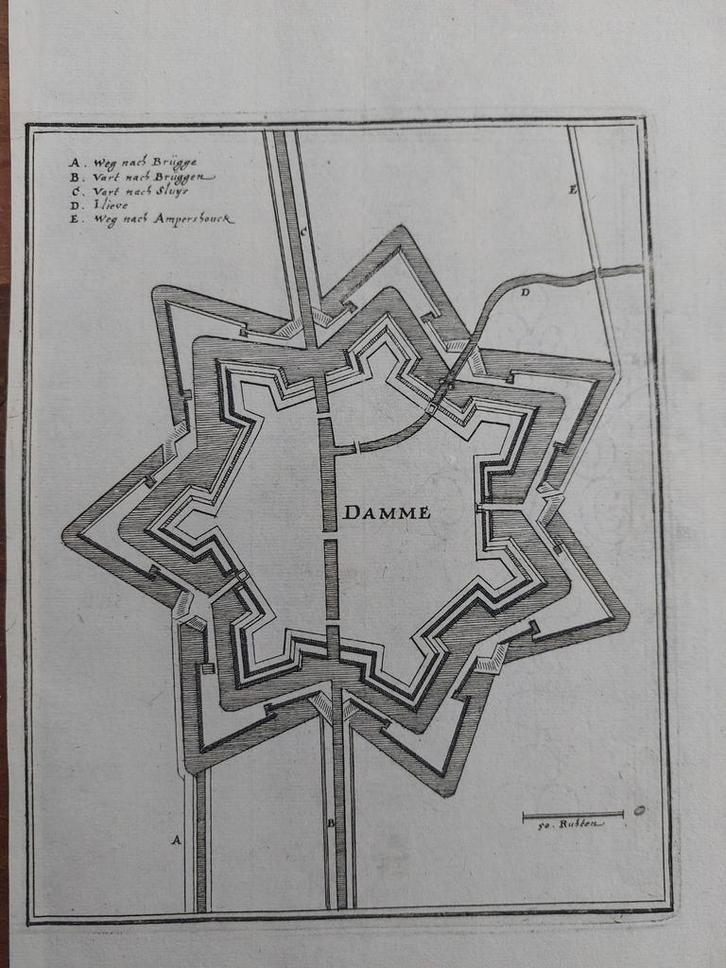 28 / plattegrond van Damme Belgie Gravure uit 1659 C. Merian, Antiek en Kunst, Kunst | Etsen en Gravures, Ophalen of Verzenden