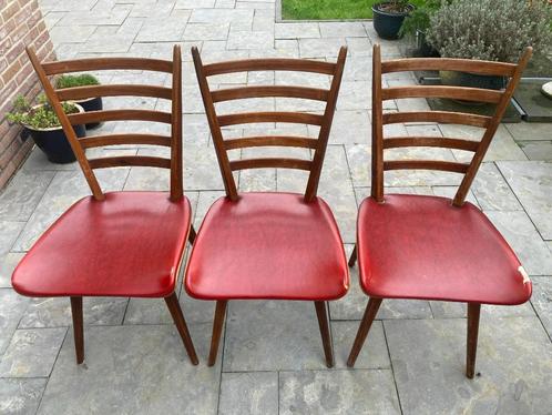 Rode Eetkamer stoelen (vintage retro stoel), Huis en Inrichting, Stoelen, Gebruikt, Drie, Hout, Kunststof, Leer, Rood, Ophalen