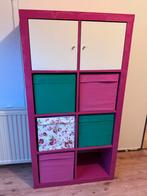 Roze Kallax kast met inzetkasten en bakken, Ophalen, Kunststof, Gebruikt, 100 tot 150 cm