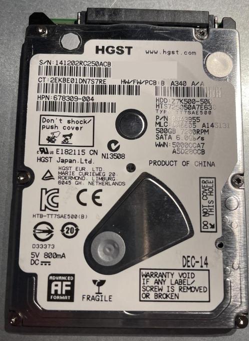 HGST 500GB SATA harde schijf, 2.5", Computers en Software, Harde schijven, Gebruikt, Laptop, Intern, HDD, SATA, Ophalen