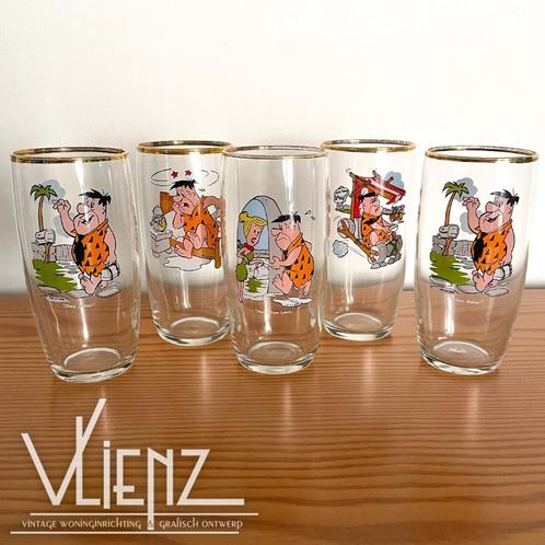 5 Vintage, retro glazen, drinkglazen Fred Flintstones, Verzamelen, Stripfiguren, Gebruikt, Gebruiksvoorwerp, Overige figuren, Ophalen of Verzenden