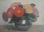 KLEURRIJK STILLEVEN ZINNIA IN POTJE>MOOIE BLOEMEN>OUD 1950, Ophalen of Verzenden