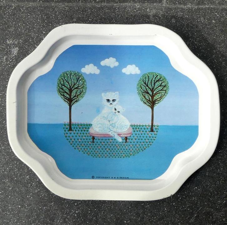 Vintage dienblaadje kat poes kattenprint dienblad K+S design, Huis en Inrichting, Woonaccessoires | Dienbladen, Gebruikt, Metaal