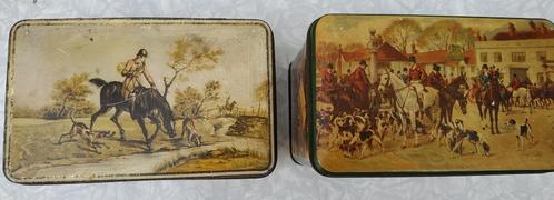 Vintage Blikken Trommels met Jachttaferelen 1930-1960, Verzamelen, Blikken, Gebruikt, Koek(jes), Overige merken, Ophalen of Verzenden