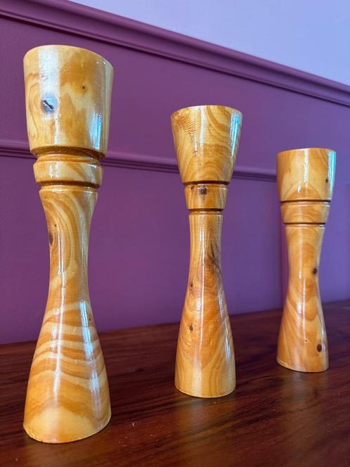 Houten kandelaars / waxinelichthouders set van 3, Antiek en Kunst, Antiek | Kandelaars, Overige materialen, Ophalen